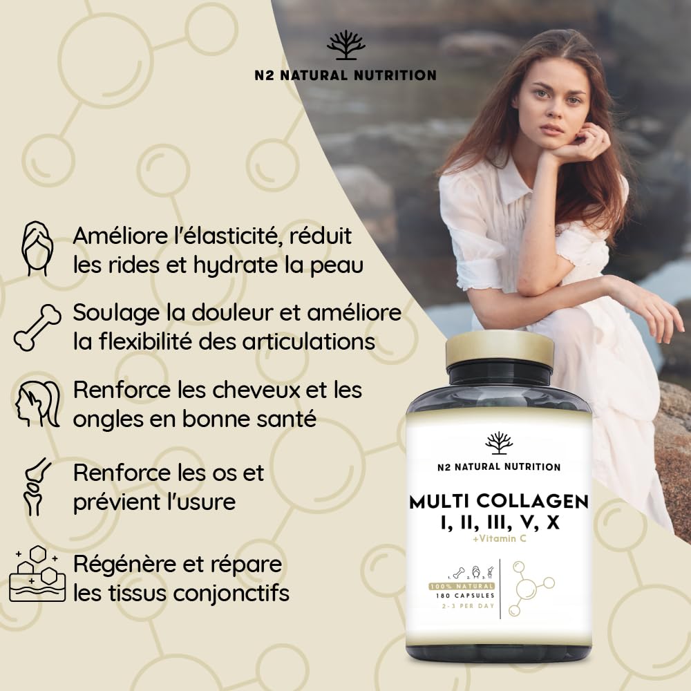 Multi Collagène Marin et Bovin 1650mg. 180 Gélules. Peptide de Collagene Hydrolysé Type 1, 2, 3, 5, 10. Complexe Collagene pour la Peau, Articulations et Cheveux + Vitamine C. N2 Natural Nutrition