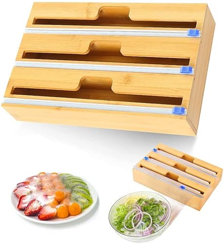 Produktfoto von 3-in-1 Frischhaltefolienschneider, Folienspender Mit Cutter,Frischhaltefolie abroller, Folienspender ​Aus Bambus&hellip;