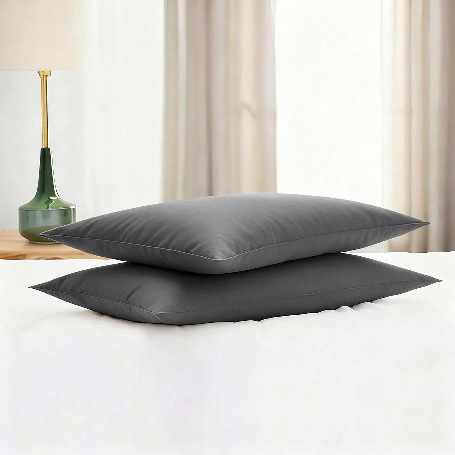 Flat Ultra Thin Bed Pillows Standard/Queen Size Pillow Set of 2 Extra Soft Down Alternative for Stomach Back Sleeping Dark Grey