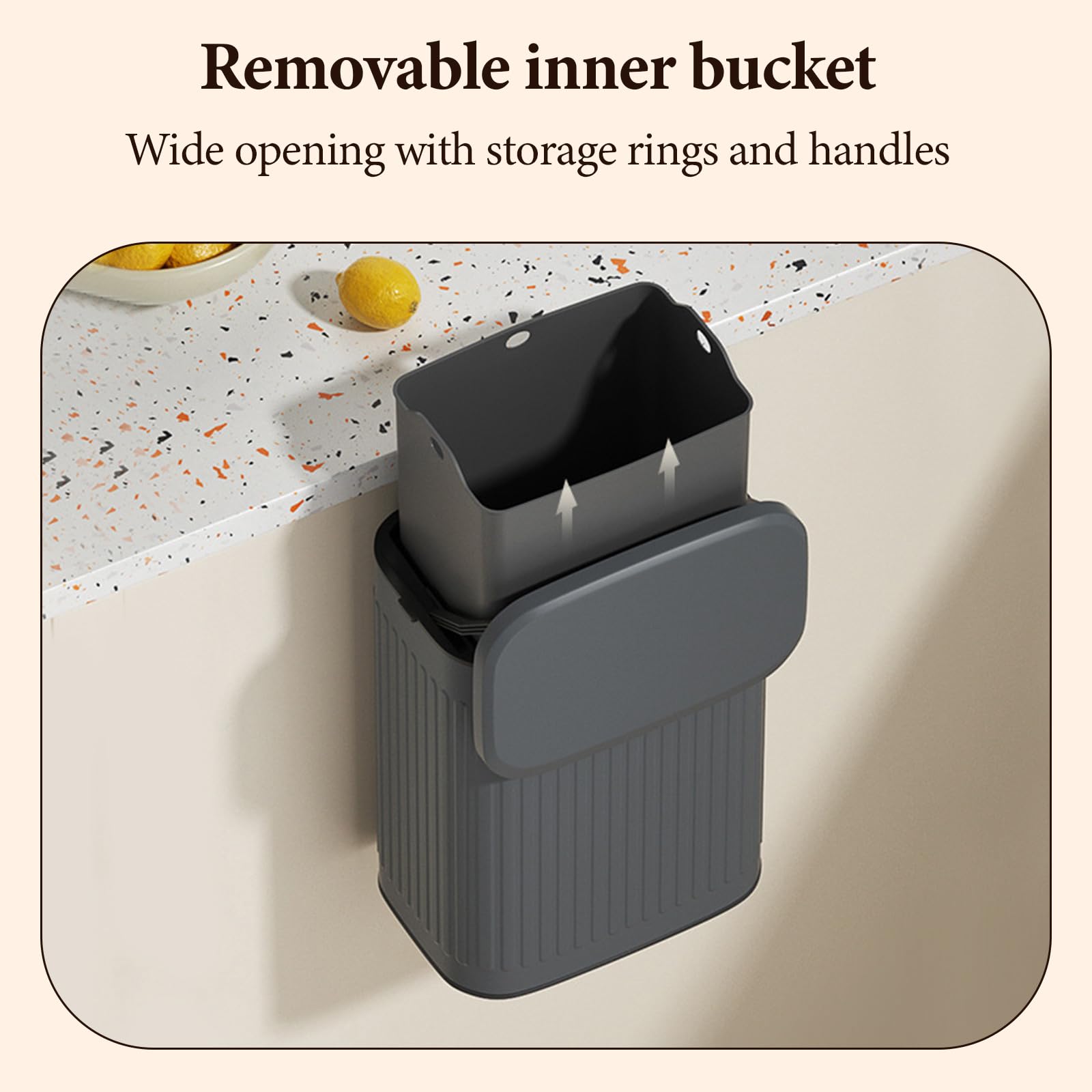 Pattumiera da cucina sospesa con coperchio, 8 l, in acciaio inox, secchio interno staccabile, cestino per rifiuti da parete con fodere profumate alla lavanda, per porta dell'armadio, piano di lavoro