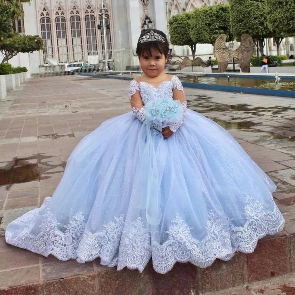 Vestiti da ragazza del fiore blu cielo per abiti da ballo di nozze abito da ballo in pizzo maniche lunghe