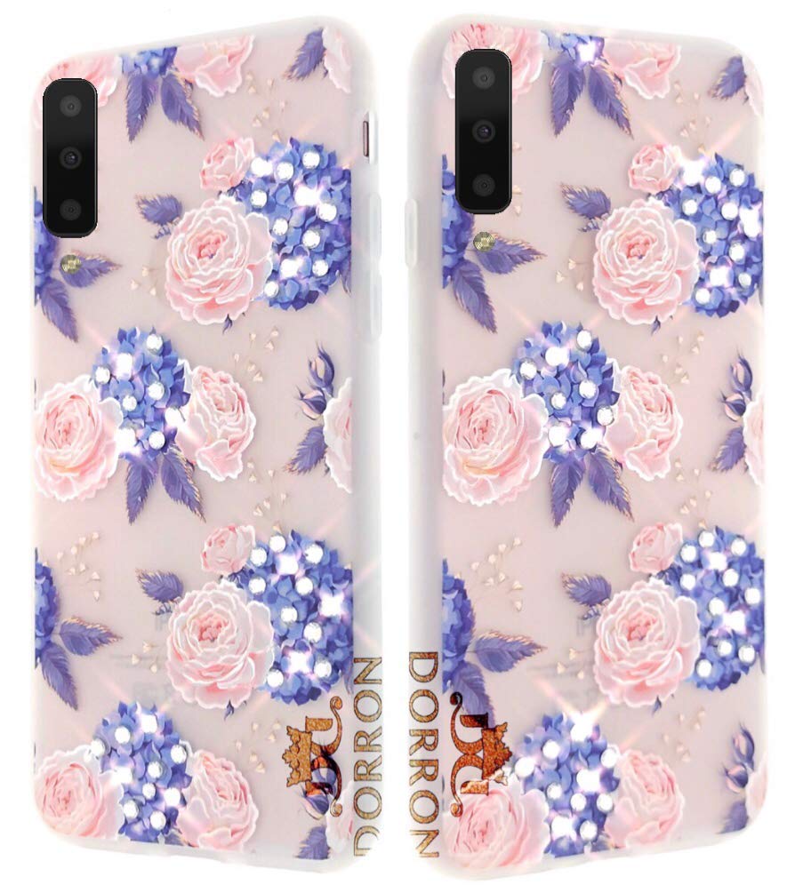 iAccessories Back Cover for Samsung Galaxy A7 (2018) 3D Floral Print Rhinestones Protective Case Girls Soft TPU (Frosted Blue)