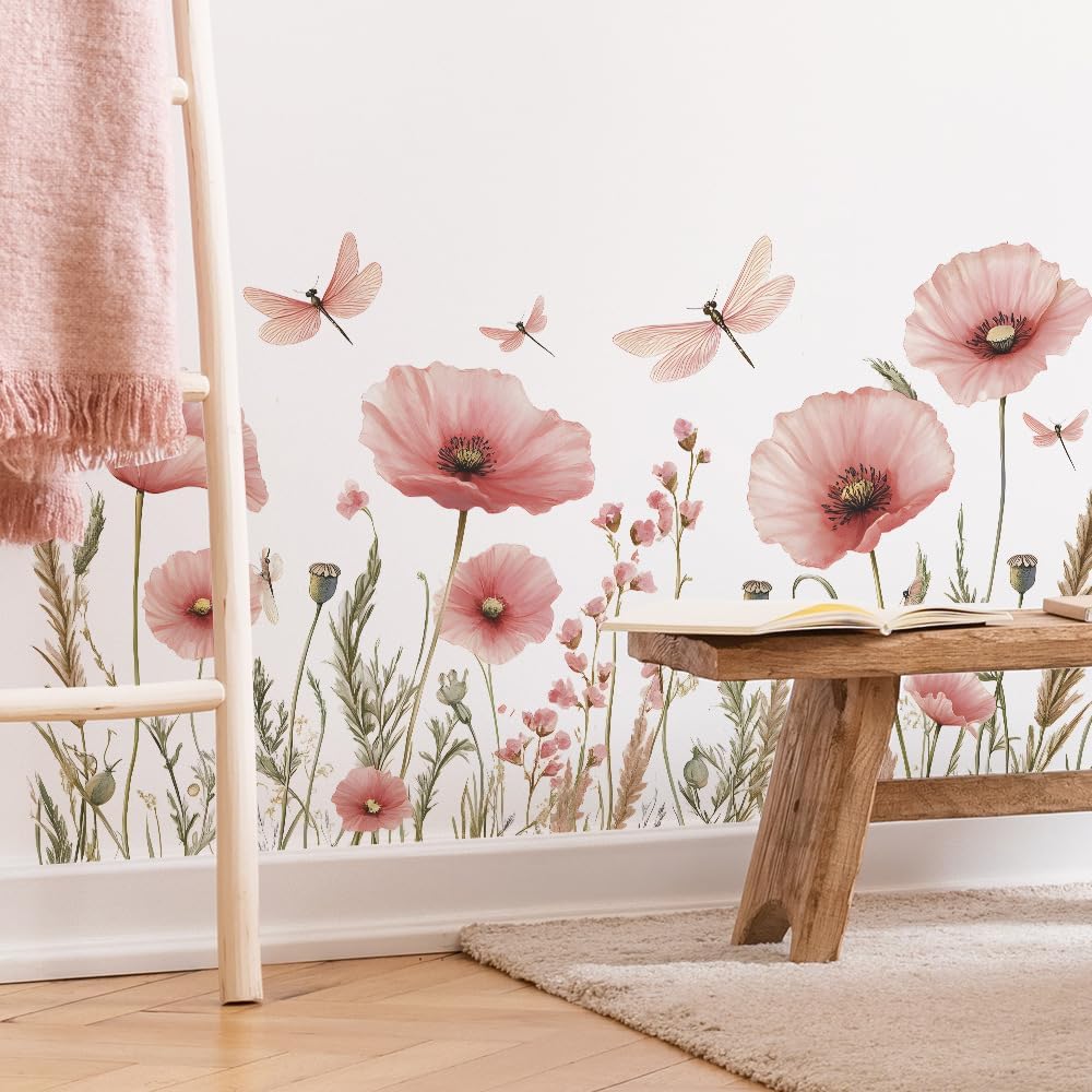 Esmee Wall Stickers Pink Floral Flower Dragonfly Peel and Stick Wallpaper for Art Decoration, Children's Bedroom, Bathroom, Living Room
