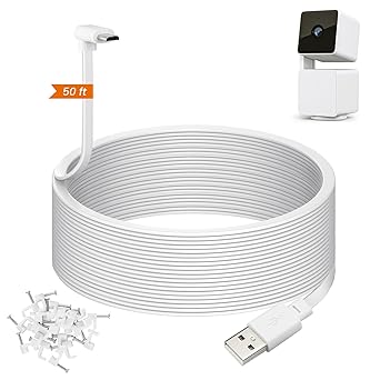 weishan 50ft Power Extension Cable Compatible with Wyze Cam Pan v3 Security Camera - 15m Long Flat USB to Micro USB L-Shaped 90 Degree Charging Cord, White