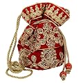 Purpledip Potli Bag (Clutch, Drawstring Purse) For Women With Intricate Gold Thread & Sequin Embroidery Work, Red Color 