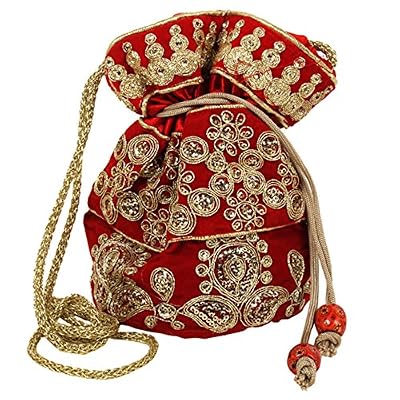 Purpledip Potli Bag (Clutch, Drawstring Purse) For Women With Intricate Gold Thread & Sequin Embroidery Work, Red Color 