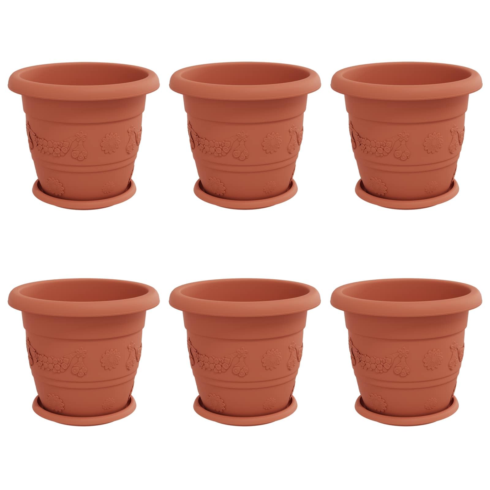 Doniczki 6 sztuk Czerwony ceglasty Ø 30 x 25 cm Nowoczesne donice plastikowe z otworami drenażowymi do wnętrz i ogrodu trwałe lekkie pojemniki na rośliny zestaw 6 sztuk z wywiniętym brzegiem
