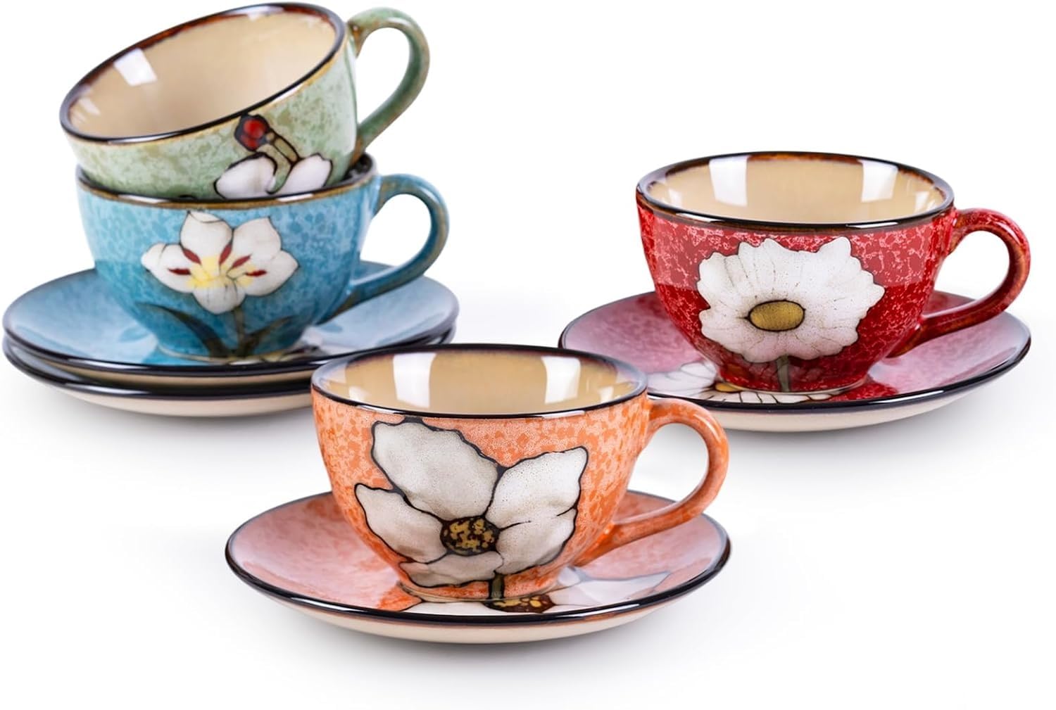 Cappuccino-Tassen, 4er-Set, 237 ml, florales Porzellan, Kaffeetassen für Zuhause, Küche und Büro, perfekt für Espresso, Latte, Americano, Milch und Tee