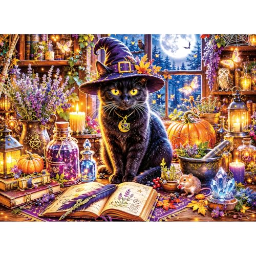 500 Piece Halloween Jigsaw Puzzle for Adults, Magical Black Cat Scene