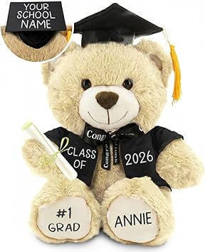 Printualist Personalized Graduation Teddy Bear Gift 2026 for Her Him, College, High School, 12 Inch - Cute Custom Beige Bear with Black Gown Add Your Name and Year on the Feet