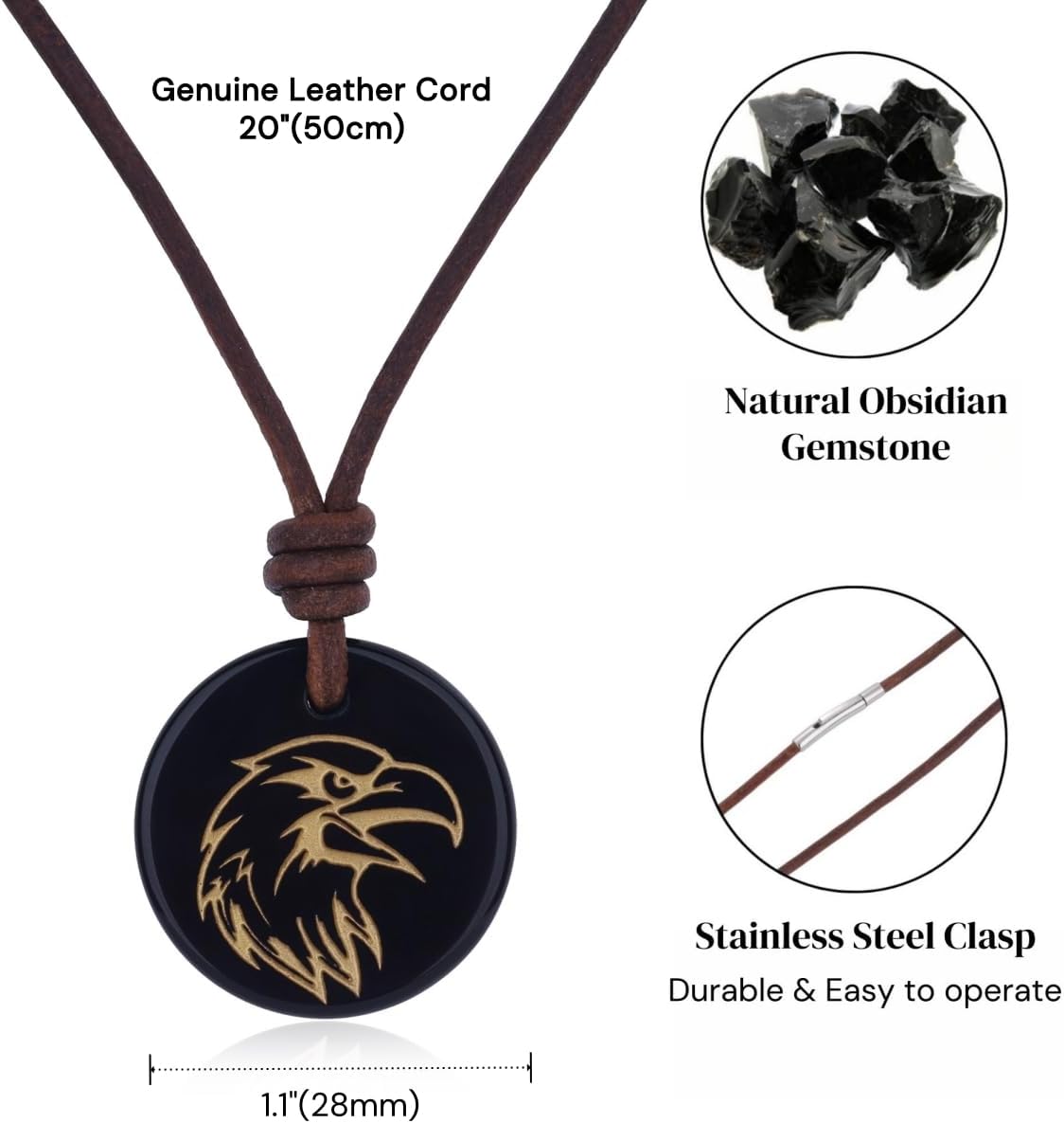 COAI Genuine Leather Necklace, Eagle Pendant Black Obsidian Necklace for Men Women
