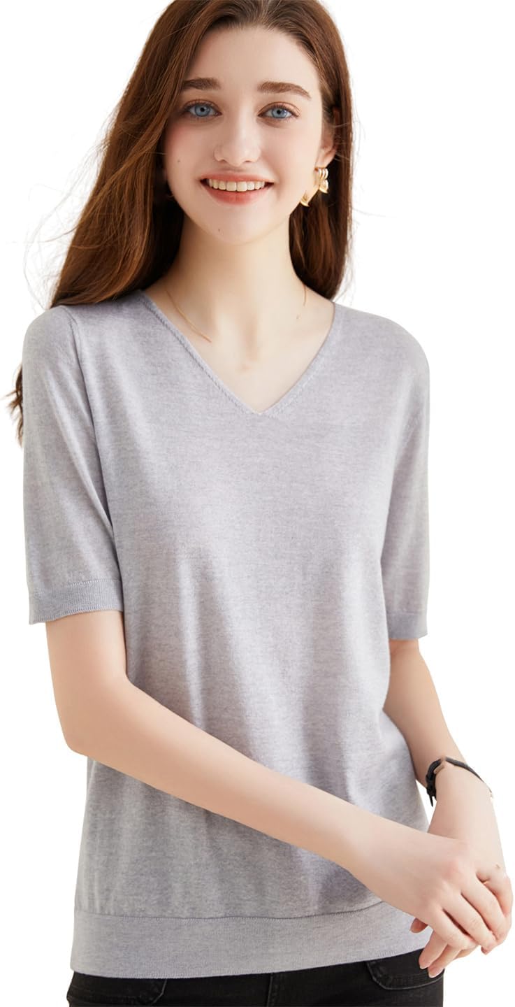 Merino Wool T-Shirt Women's V-Neck Basic Lightweight Tops Spring Summer Short Sleeve Soft Base Layers