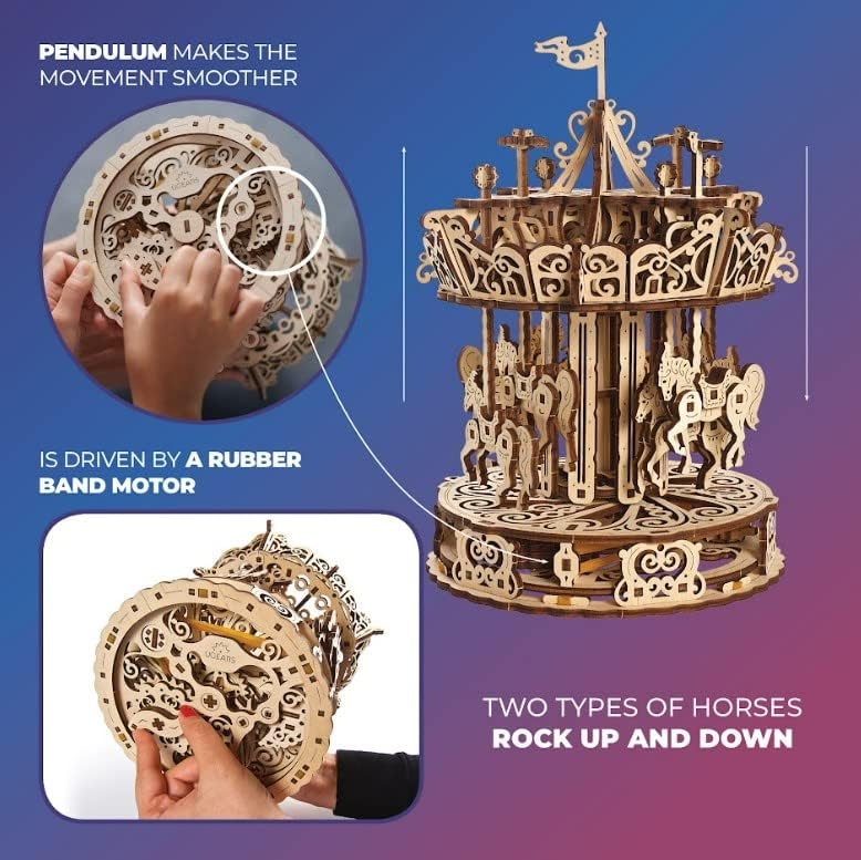 UGEARS Carousel 3D Wooden Puzzles for Adults - Mechanical 3D Model Self-Assembling Craft DIY Kit Adult 3D Puzzle Gift, Wooden Model Kits for Adults - Image 5