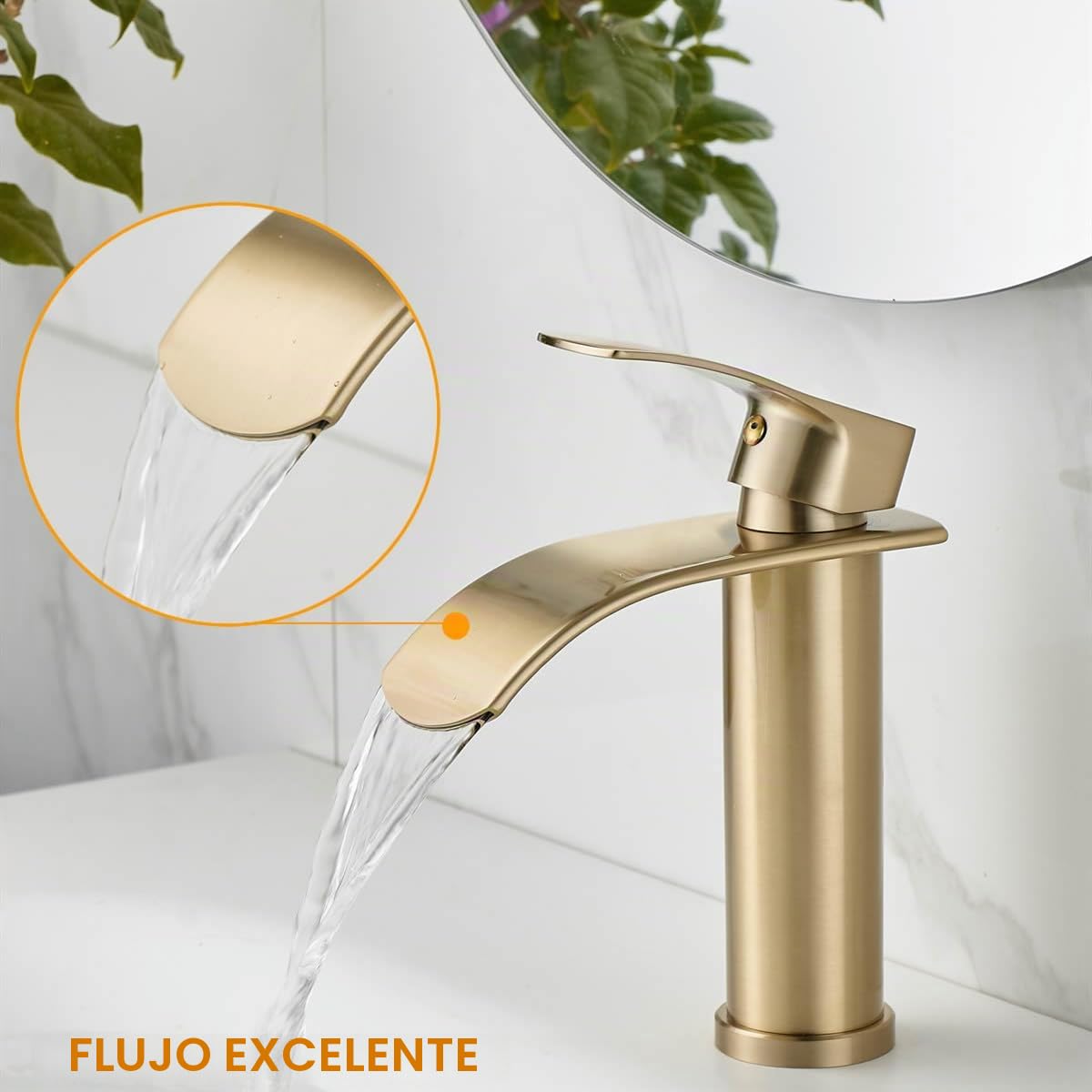 Beelee Grifo monomando de cascada de un orificio para lavabo con conexión de agua fría y caliente G3/8", oro cepillado, grifo moderno para lavabo de baño