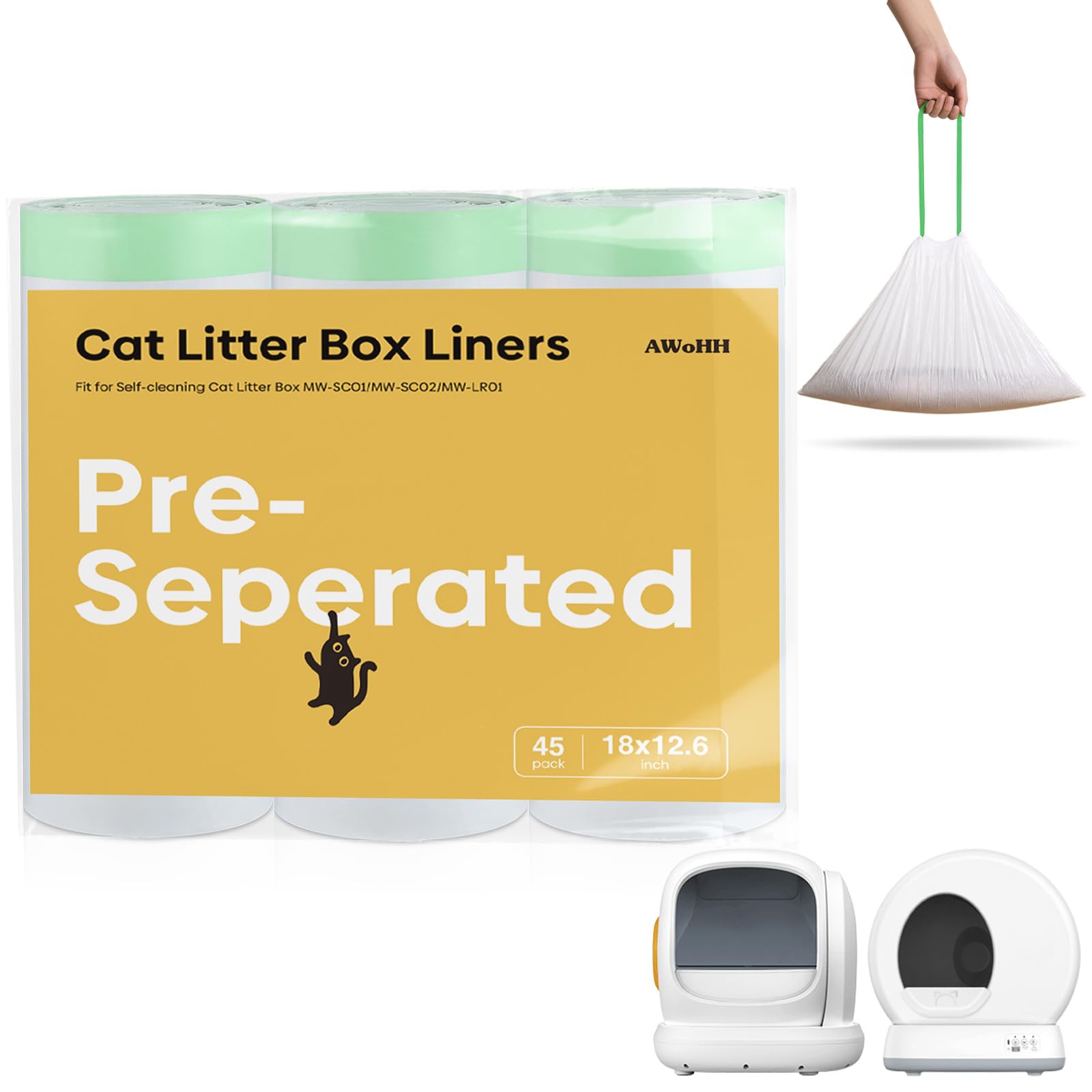 45 Count MeoW Cat litter bags Liners Fit For Self-cleaning Cat Litter Box MW-SC01 MW-SC02 MW-LR01,Tear-free Leak-proof 18" x 12.6"