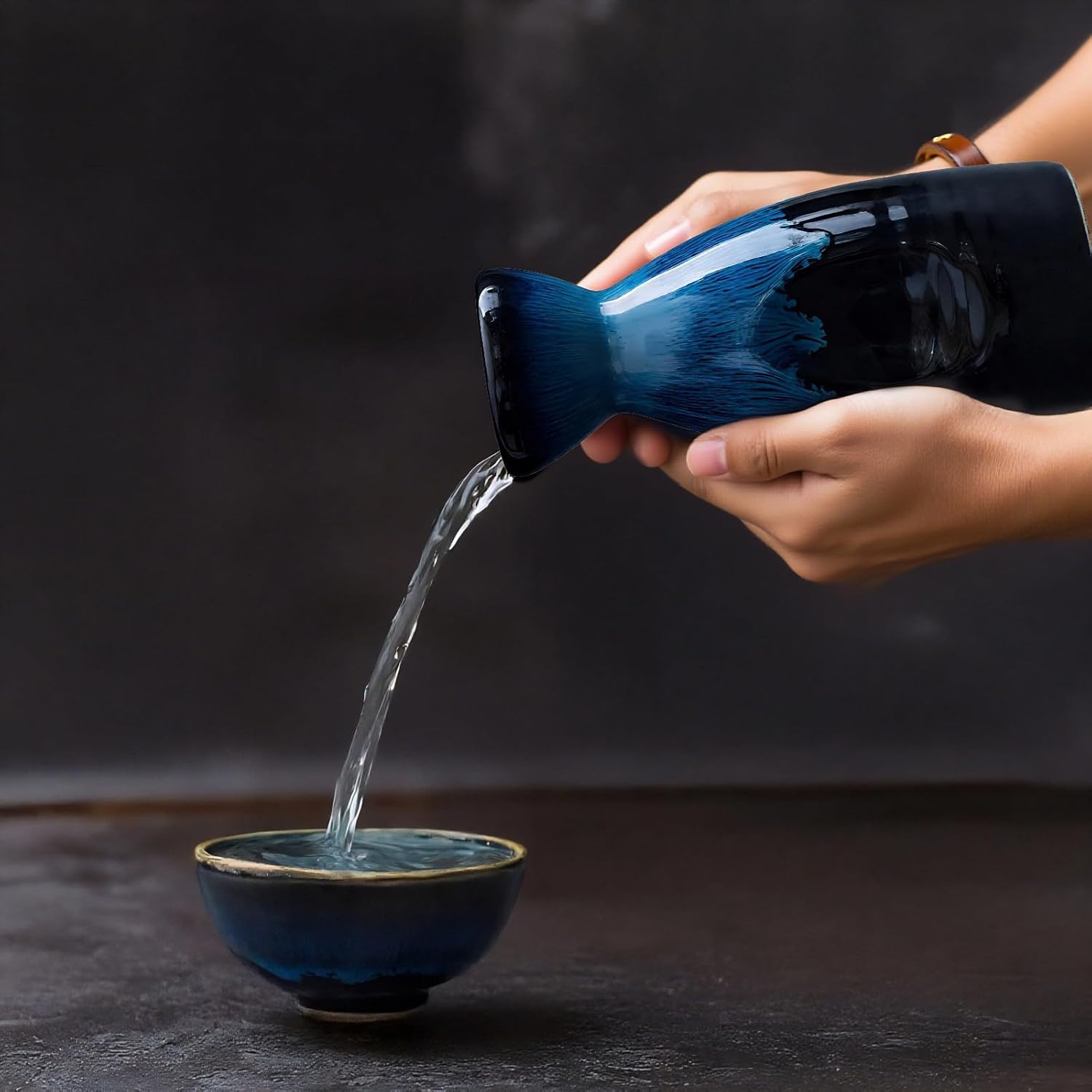 5 Piece Japanese Sake Set, Bottle and Cups, Blue Ceramic Glazed Pottery, 10.1 Oz 300 Ml Bottle, 3.4 Oz 100 Ml Cups, Microwave Dishwasher Safe