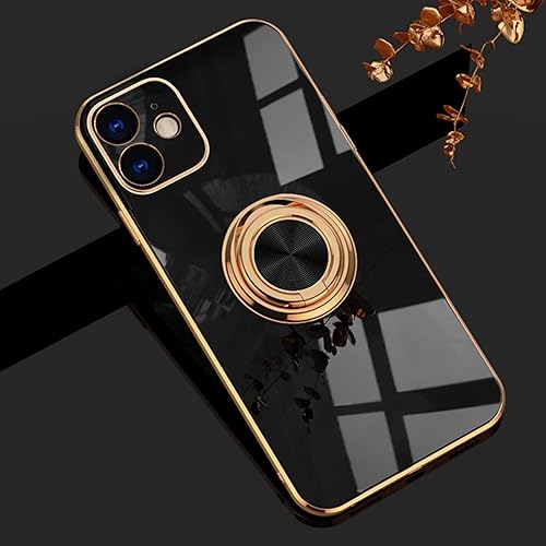 Miniatura 8 de Funda para iPhone 12 con soporte giratorio de 360 para el dedo, soporte magnético chapado en oro brillante, borde chapado en oro para mujeres y