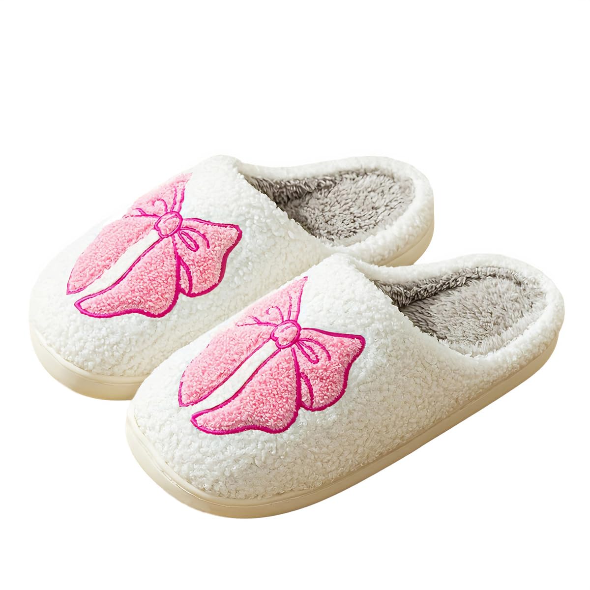 Haiding Fuzzy Cute Bow Slippers for Women Winter Warm Cozy House Slippers Plush Indoor Outdoor Shoes