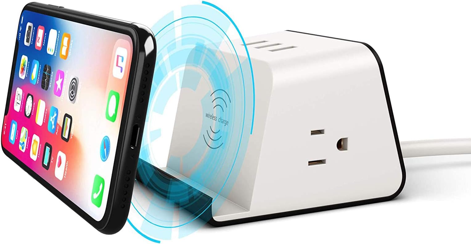 ETL Listed, Power Strip with 2.4 A USB Charging Station for Multiple Devices, Qi-Certified 5W Wireless Charger, 2 AC Outlets and 3 USB Hub Charger
