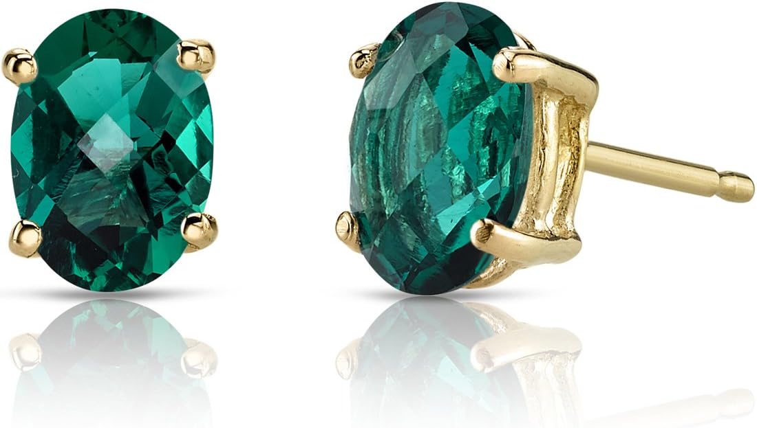 Peora Solid 14K Yellow Gold Created Emerald Earrings for Women, Classic Solitaire Studs, 7x5mm Oval Shape, 1.50 Carats total, Friction Back, Dainty Green Earrings, Emerald Jewelry