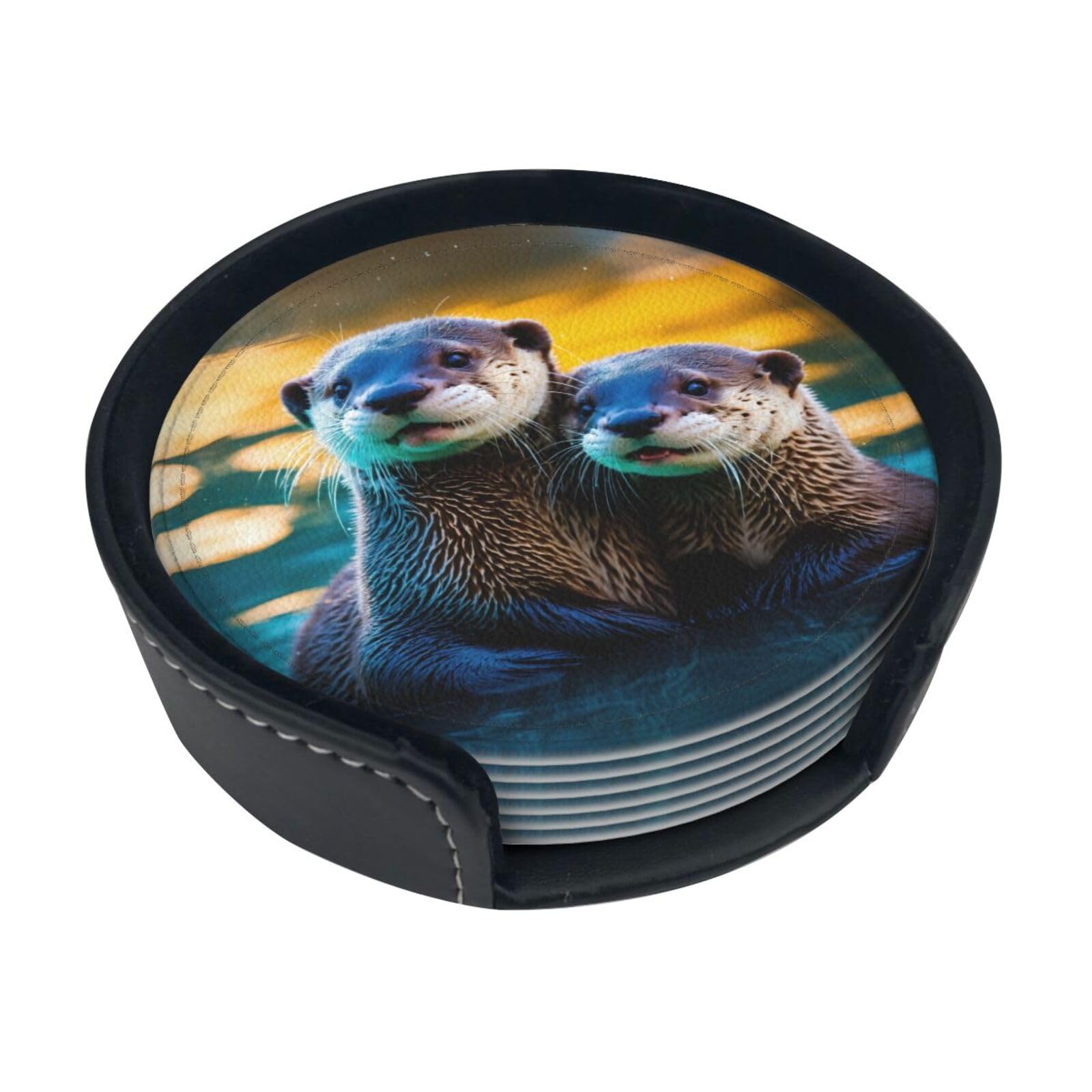 Animal Cute Brown Otters Print Round Coasters Set Of 6,Coaster For Tabletop Protection Home Bar Decor