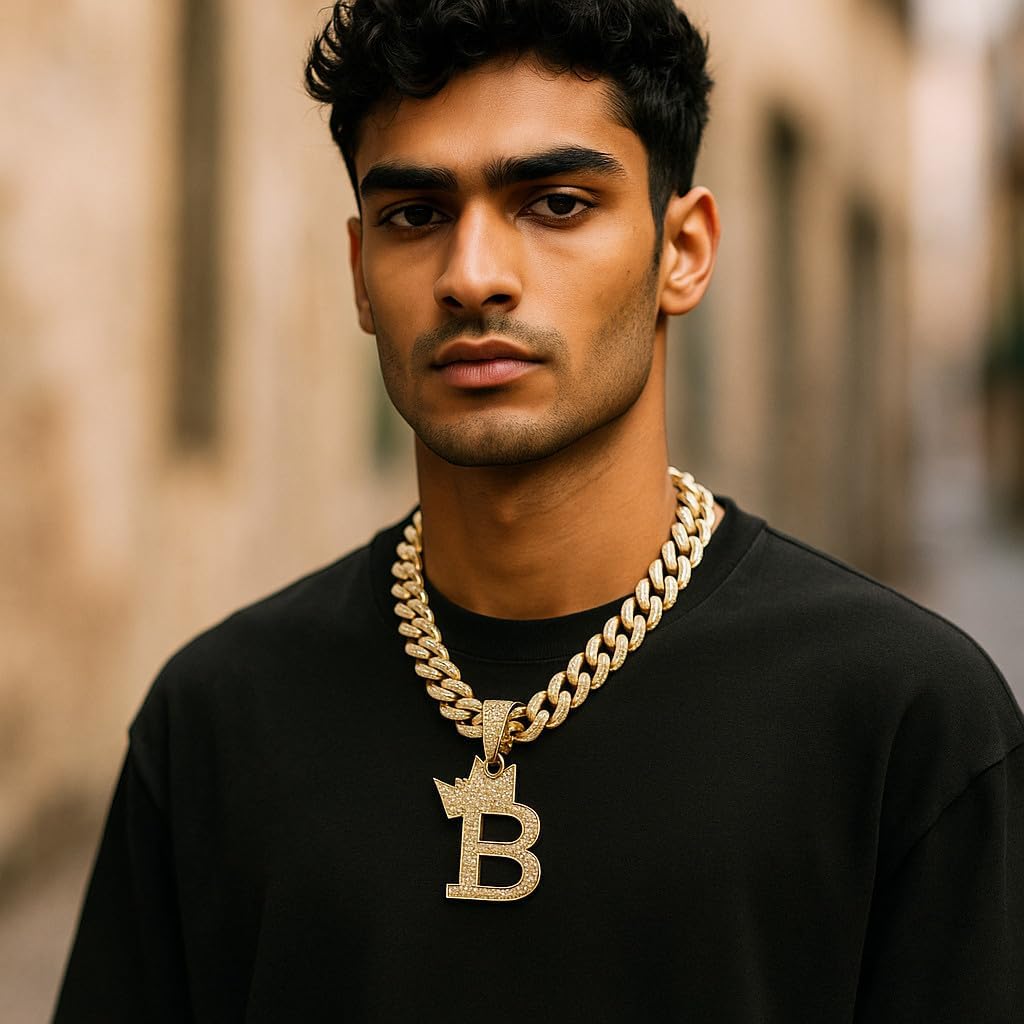 Hip Hop Alphabet Initial B CZ Pendant & 13mm 20" Full Iced Box Lock Cuban Chain Gold Plated Necklace - Image 2