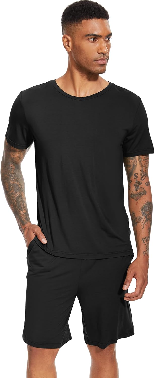 WiWi Mens Pajamas Set Soft Short Sleeve Pj Sleepwear Top and Shorts Pajama Sets Loungewear-Viscose from Bamboo S-3X