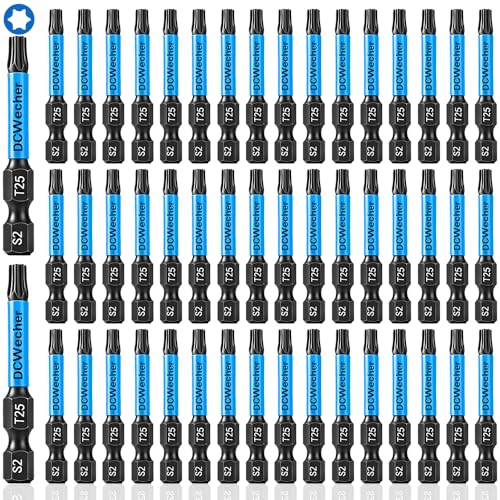 50-Pack T25 Torx Bits for Impact Driver 2-In S2 Steel Magnetic Star Bits with 1/4 Hex Shank Professional T 25 Torx Bit Set for Mechanics DIY and Home Workshop