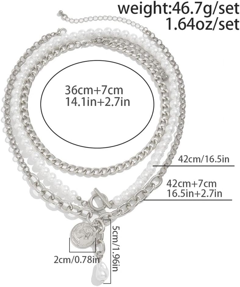 Gold Pearl Stackable Statement Necklace Chunky Layered Chain Coin Pendant Necklace for Women Pearl Ball Beaded OT Clasp Choker Trendy Jewelry - Image 2