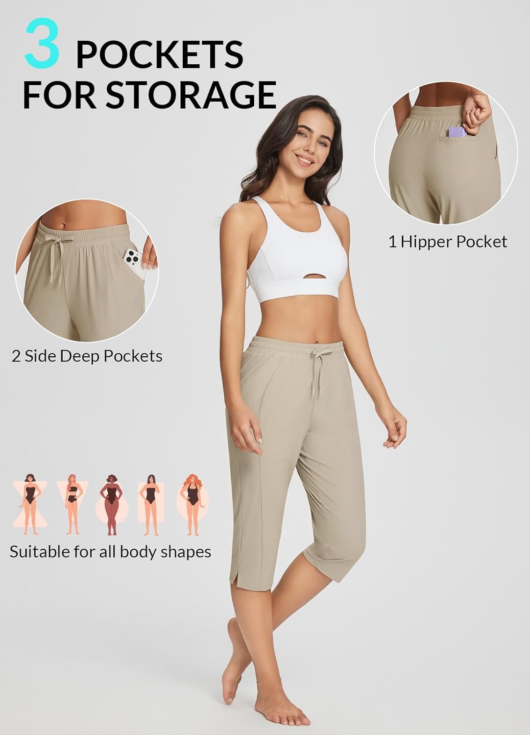 baleaf Women's Yoga Capris Pants with Pockets Lightweight UPF50+ Drawstring Waist Petite Athletic Sweatpants Casual Summer - Image 4