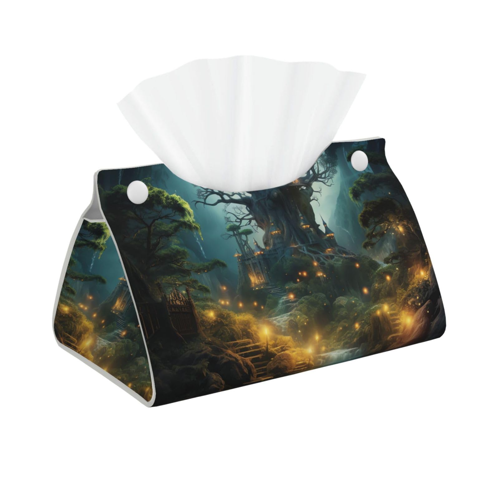 Pu Leather Tissue Box Cover, Fantasy Forest Rectangle Tissue Case Covers Decorative Tissue Box Holder Waterproof Tissue Holder Organizer for Bathroom Home Office