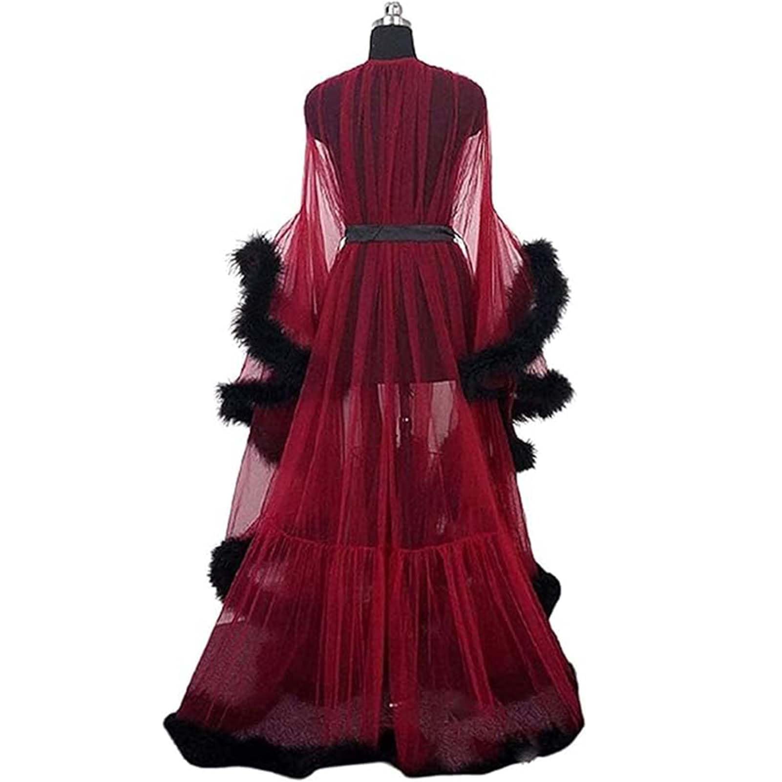 Mhnfgdse Women's H Sexy Lingerie Tulle Robe Nightgown Bathrobe Flared Sleeves Nightwear Feather Robe Kimono Party Nightwear Christmas Lingerie, One Size