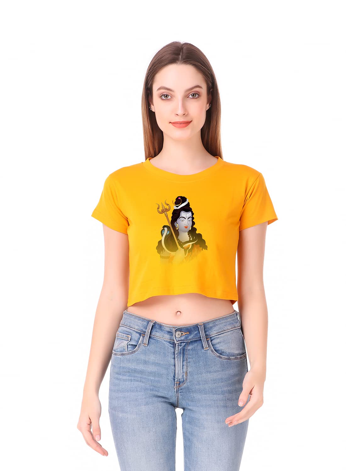 Squareknot Shiva Hindu Lord Mahadev Mahakal Crop Tops | Cotton Blend Round Neck Half Sleeve Multicolour Women Crop Crop top| Devotional Crop TopsFor Women