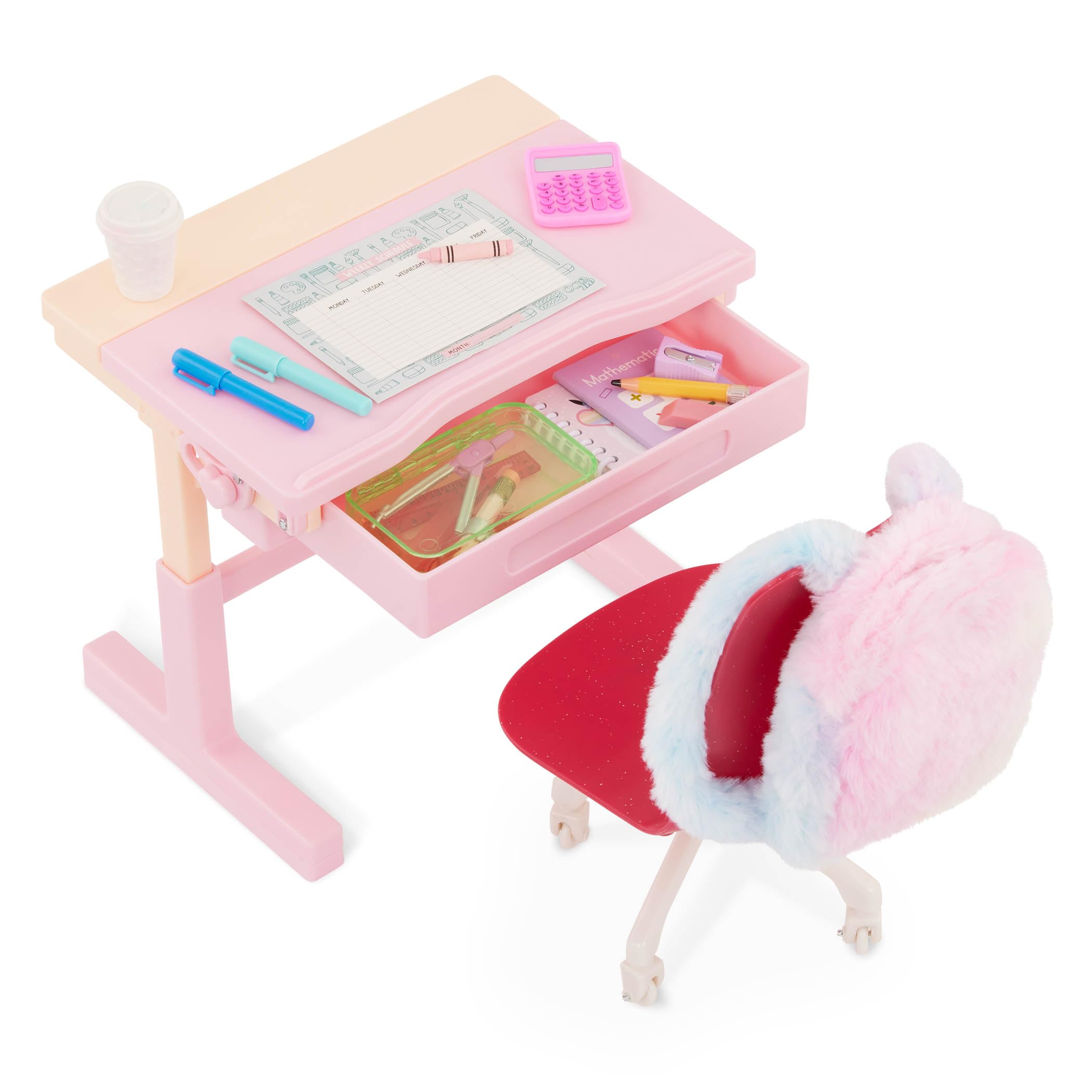 Our Generation - Rêves d'école - Ensemble de Bureau inclinable - Sac d'école, Lampe Lumineuse et Fournitures - Accessoires pour poupées de 46 cm - Jouer à Faire Semblant - 3 Ans et +