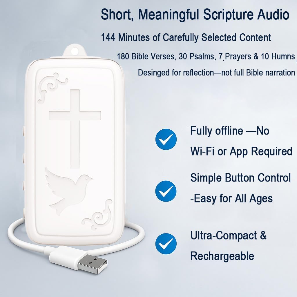 Mini Bible Player with Selected KJV Scriptures, Psalms, Prayers & Hymns, Key-Sized Rechargeable Christian Gift, Ivory White, Not a Full Bible