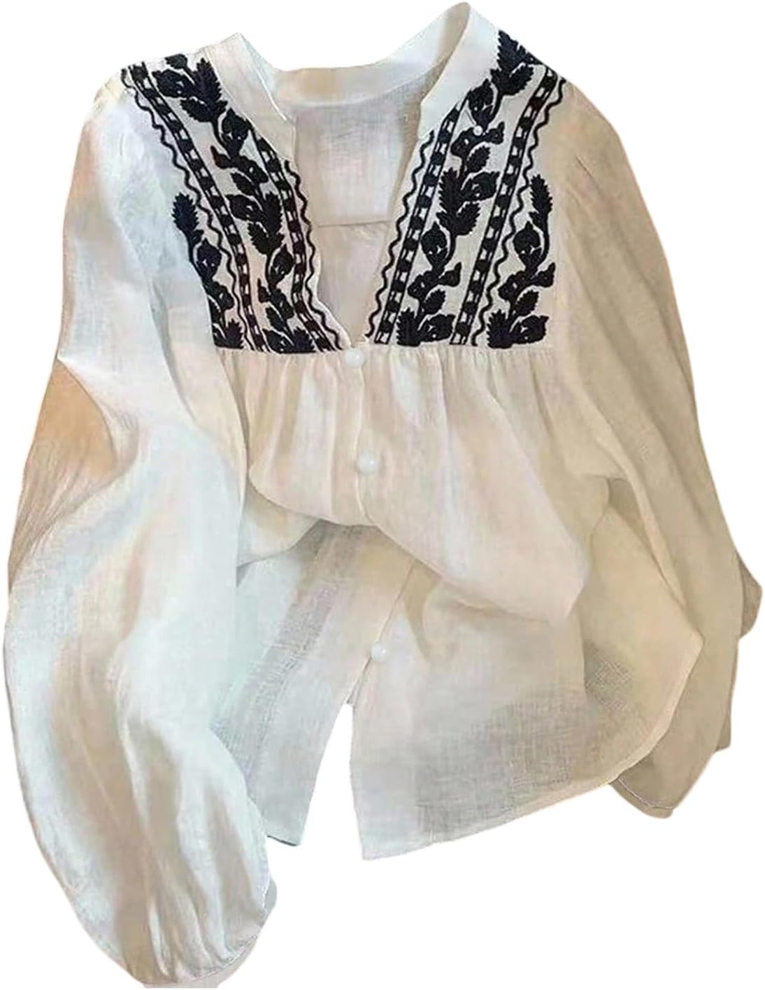 GORGLITTER Women's Boho Peasant Blouses Embroidered Tops Sheer Long Sleeve Button Up Shirts Casual Going Out Outfits