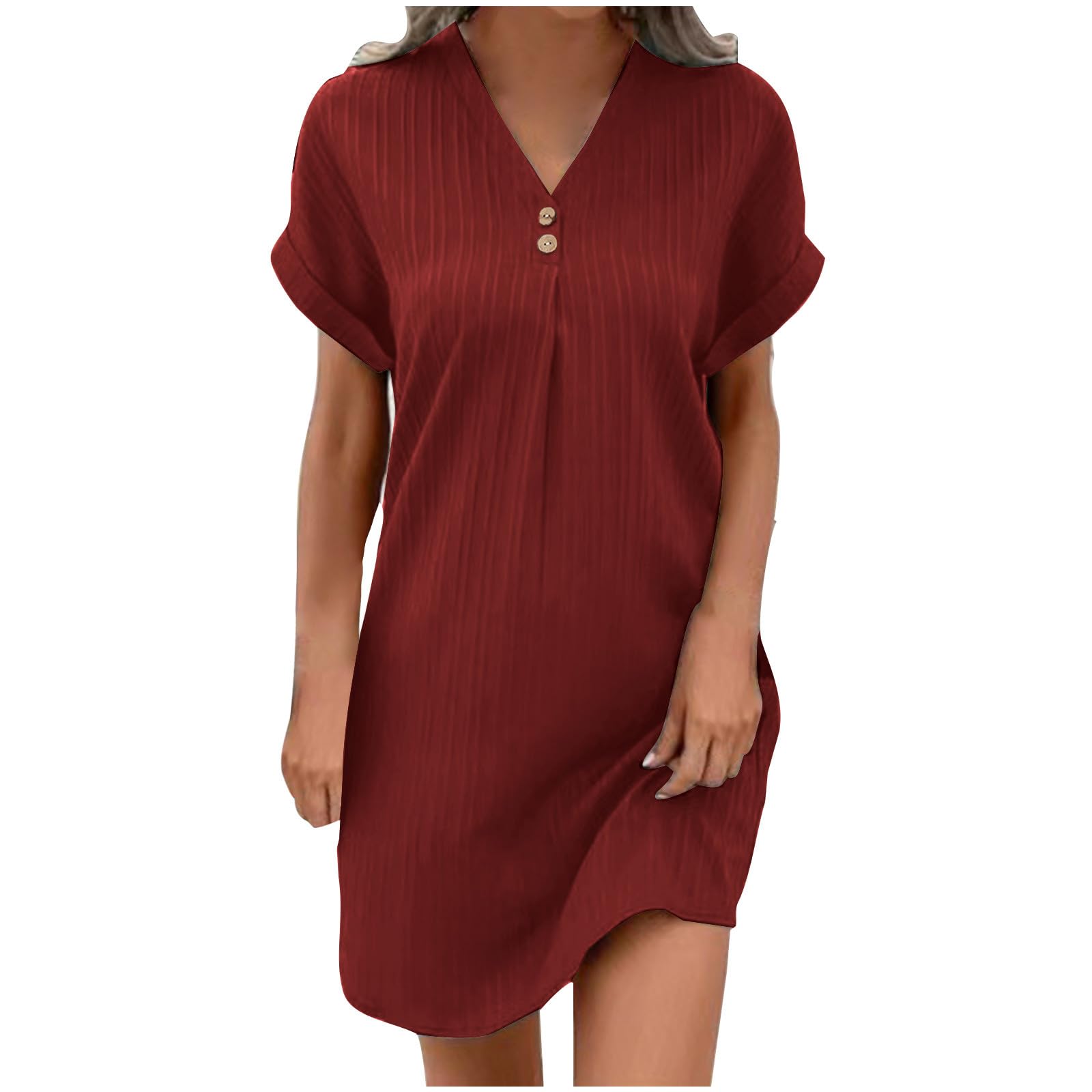 AMhomely Cotton/Linen Summer Midi Dresses for Women UK-Button V Neck Casual Dress,Rolled Short Sleeve,Pleated Front,Stripe,Loose Plain Smocked Dresses,Holiday Sundress Going Out A Red M