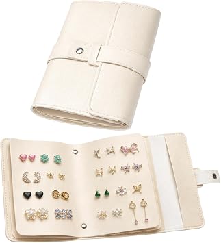 Earring Storage Organiser, Earring Book, Small Book Storage Bags With Button Portable Jewellery Rolls, Portable Earring Storage for Business Trips, Vacations or Special Occasions Beige