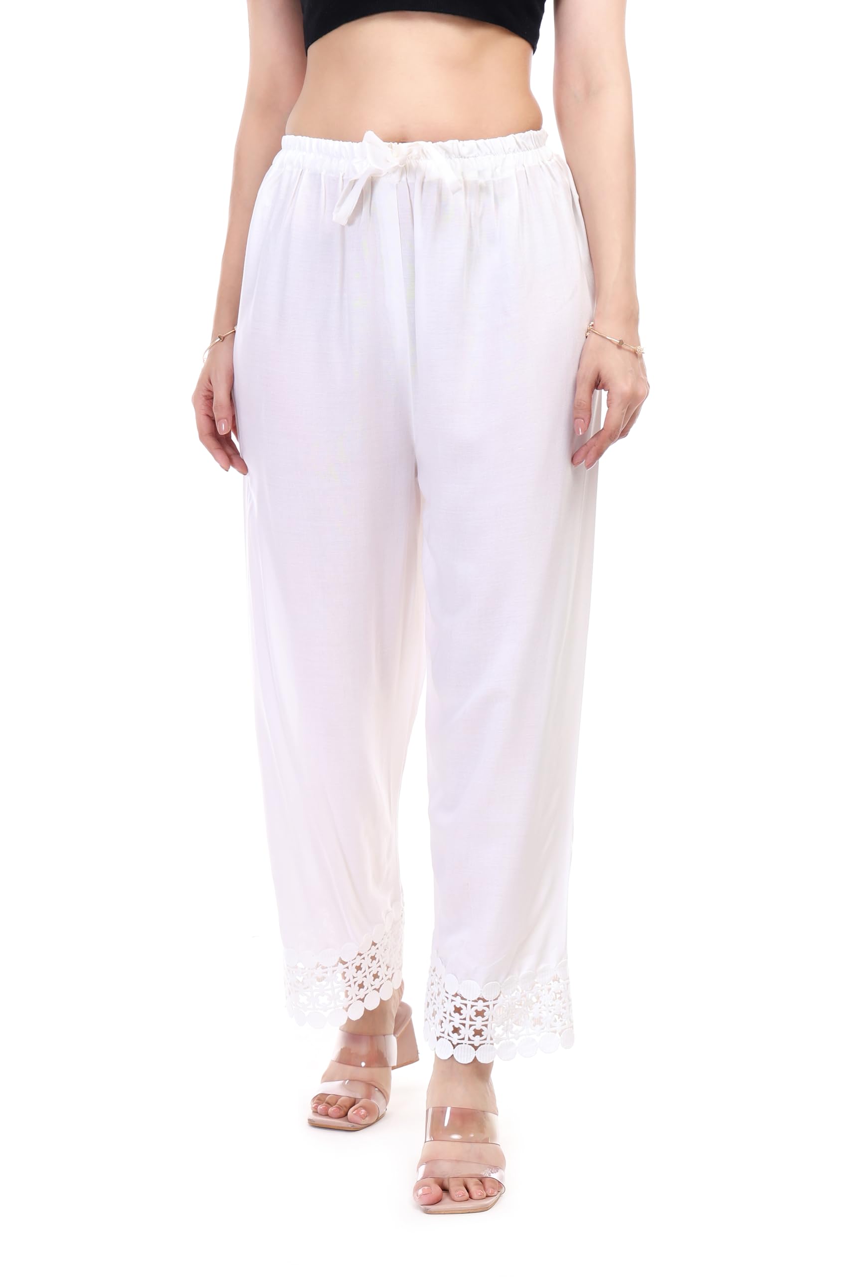 Chic Women's Rayon Solid Palazzo with White-on-White Dot Lace Design � Relaxed and Casual Fit for Everyday Comfort-image-0