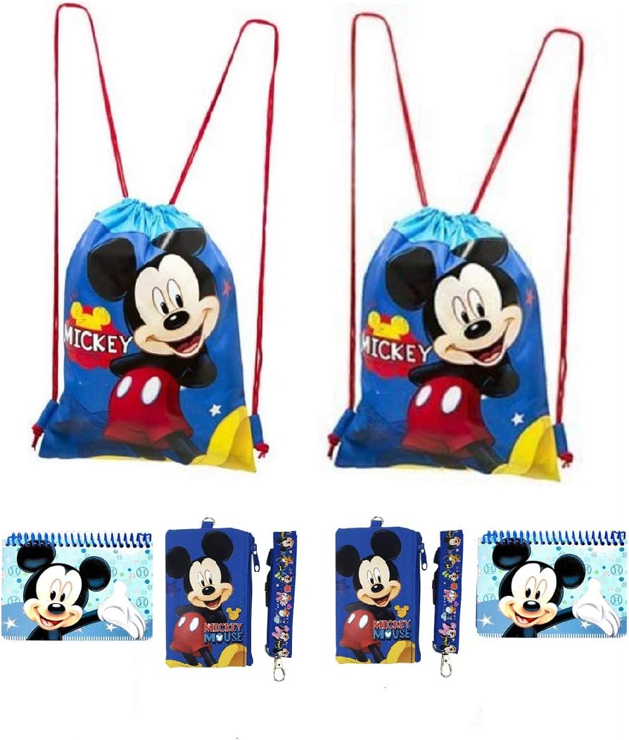 Disney Mickey and Minnie Mouse Drawstring Backpacks Plus Lanyards with Detachable Coin Purse and Autograph Books (Set of 6) (Blue - Blue)