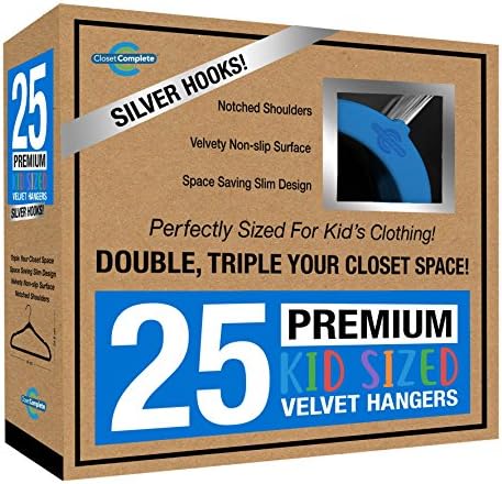 Closet Complete Kids Size, Premium Heavyweight, Virtually-Unbreakable, Velvet Hangers – Ultra-Thin, Space Saving, No-Slip, 360º Spin, Perfectly Sized for Kids 4-15 Years, Blue, Set of 25