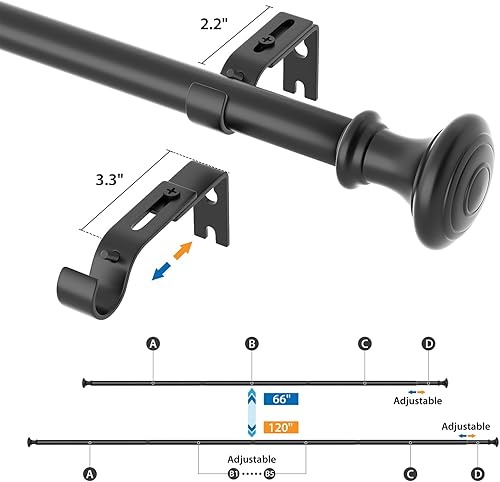 Miniatura 10 de Barras de cortina para ventanas de 66 a 120 pulgadas, barra de cortina negra de 1 pulgada de diámetro con remates decorativos, barra de cortina de