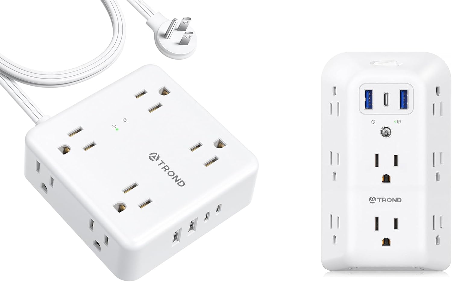 TROND 8 Outlet Splitter with 3 USB Ports (1 USB C), Multiple Plug Expander with ON/Off Switch and TROND 5ft Ultra Thin Flat Plug Power Strip, 8 Widely Outlets 4 USB Charger(2 USB C Ports)