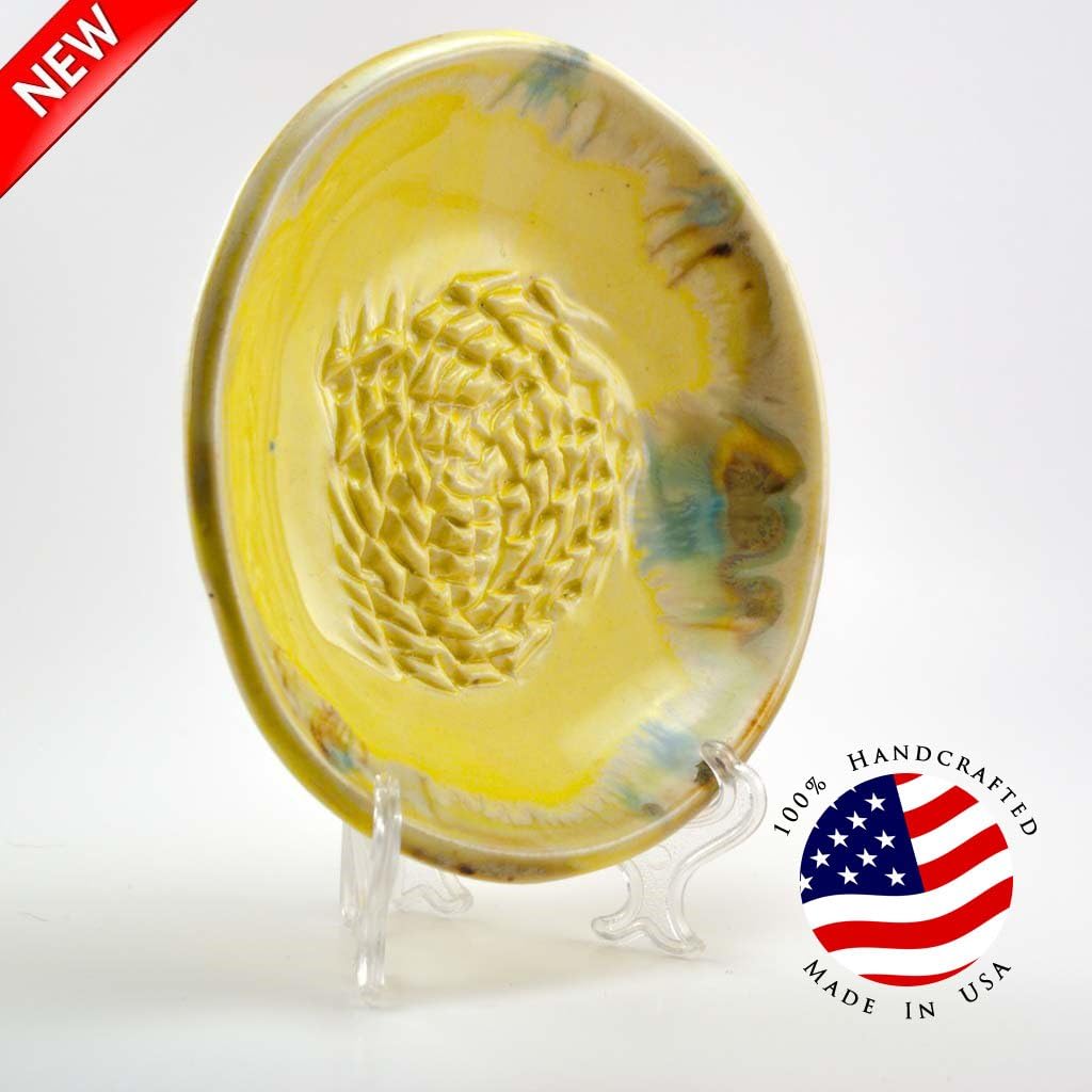 USA HANDMADE Garlic Grater set from- CAprimeproducts - Breaking Yellow Glaze with Garlic Peeler, Kitchen Brush, and BONUS Display Stand!