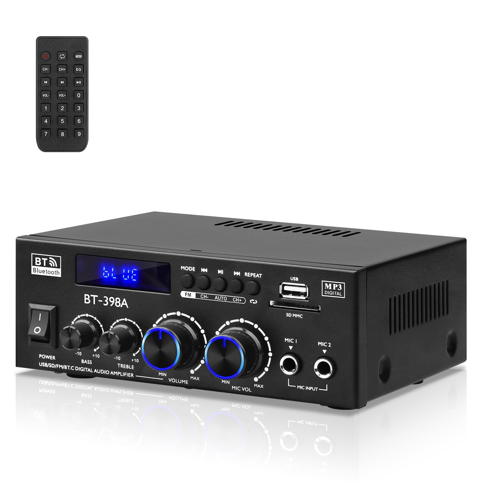 BT-398A Amplificateur Audio, Amplificateur Bluetooth 5.0 2.0 canaux 60Wx2 Mini Amplificateur haut-parleurs Amplificateurs de son numériques avec radio FM USB SD Card pour système audio home cinéma