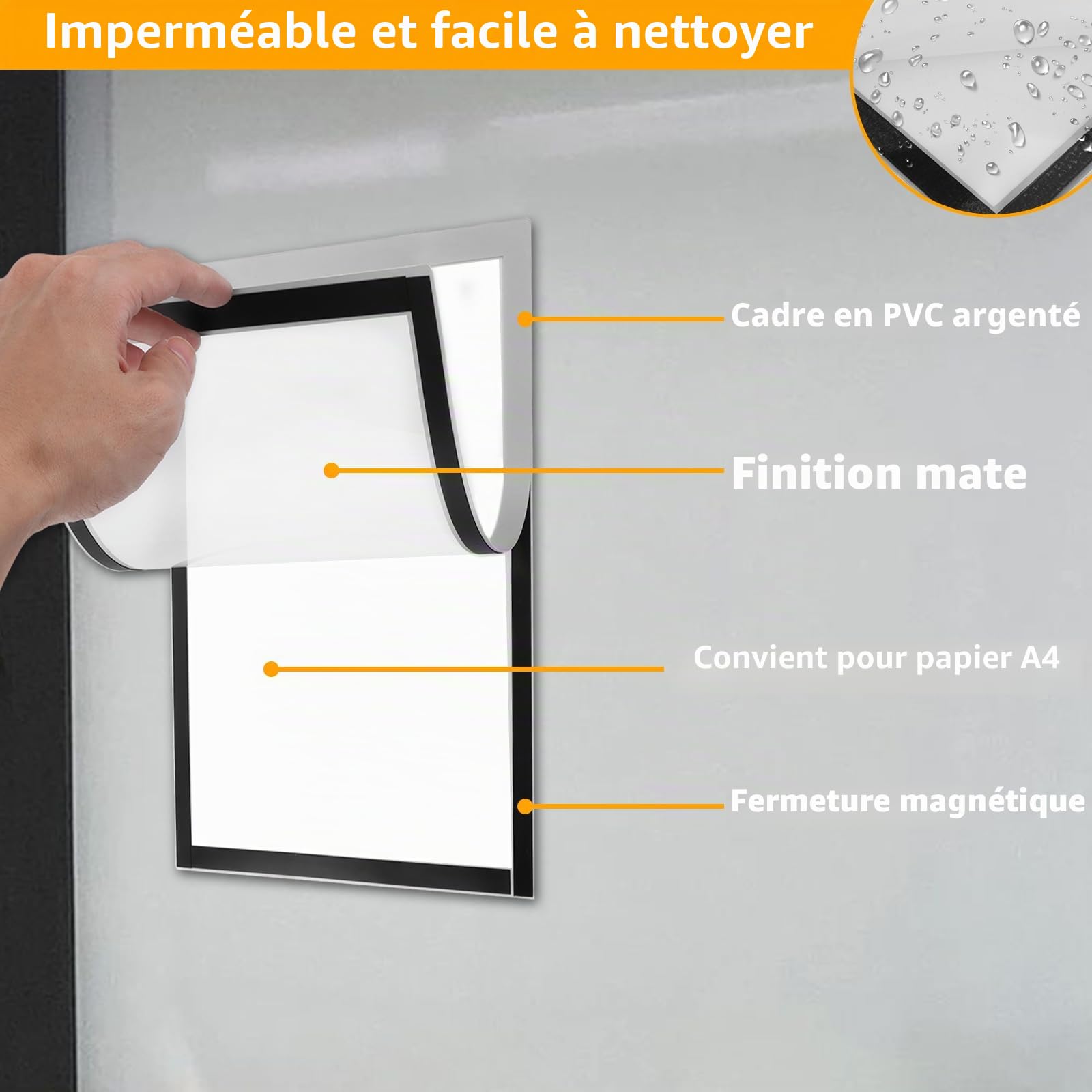 Lot de 20 Cadre Photo Magnétique A4, Pochette Magnétique A4 Argentée pour Frigo et Surfaces Lisses, Affichage Rapide sans Perçage, Protection Étanche, Argent