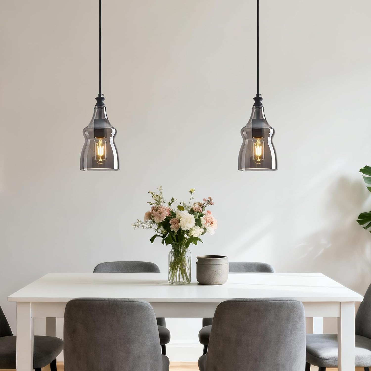 Modern Glass Pendant Light 5.11 in Light Grey Glass Shade Black Farmhouse Island Pendant Lights for Kitchen Pendant Lighting Over Sink Bedroom Dining Room