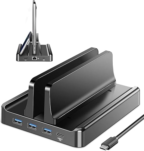 Vaydeer Soporte vertical ajustable de plástico para laptop con soporte USB para computadora de escritorio, estación de base 3 en 1 que ahorra