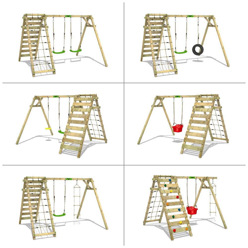 Altalena FATMOOSE JollyJungle per bambini verde mela in legno | Rete per l'arrampicata, Altalena doppia, Ampliamento per arrampicate, Da esterno o da giardino