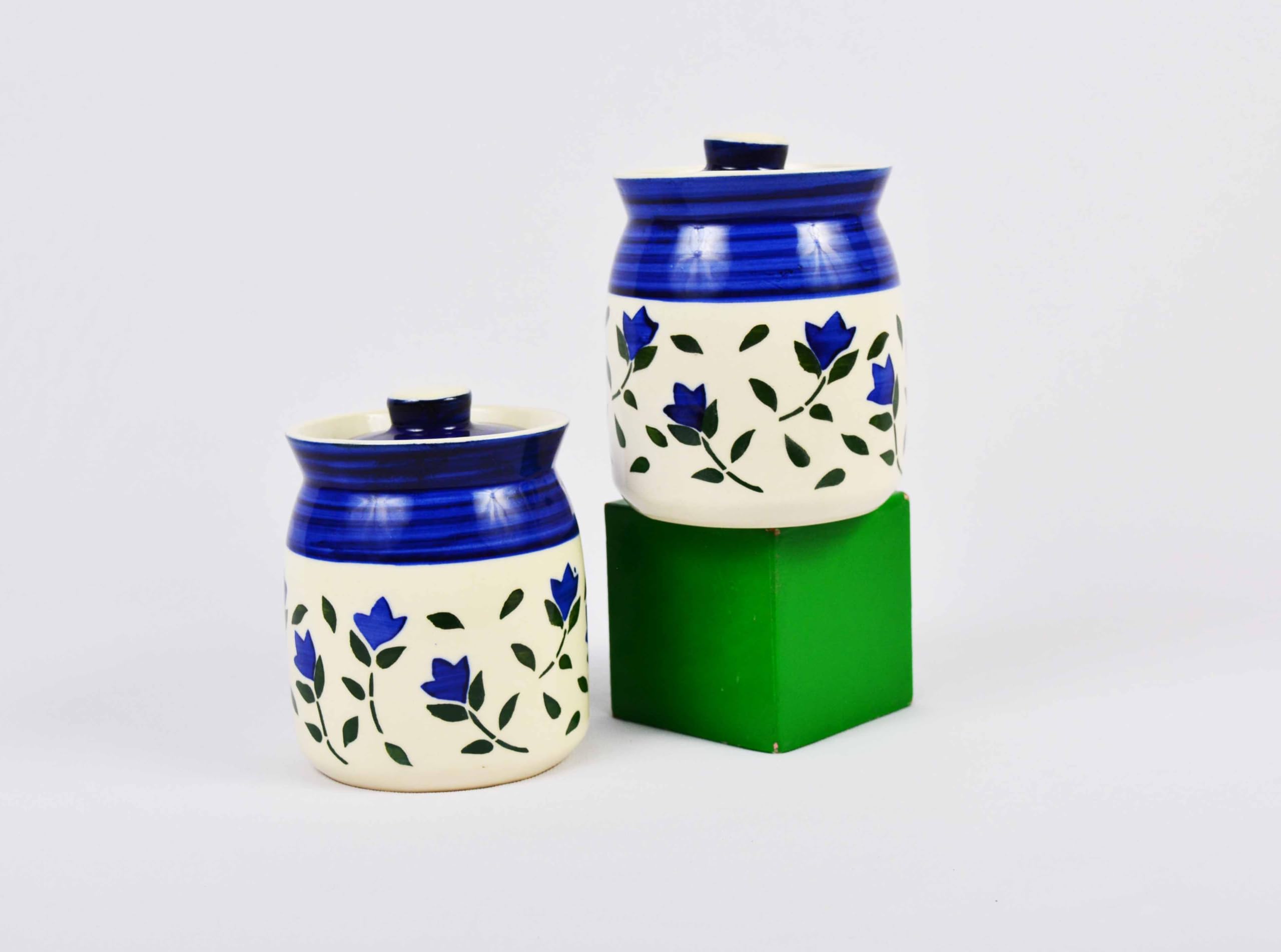 RenHomz Kitchen Multipurpose Storage Container Ceramic jar set of 2 with lid | size 320 ml each| Food Grade, jars | For dining table spices, pickles Tea, Dry Fruits, Sugar, Grain (Blue Flower)